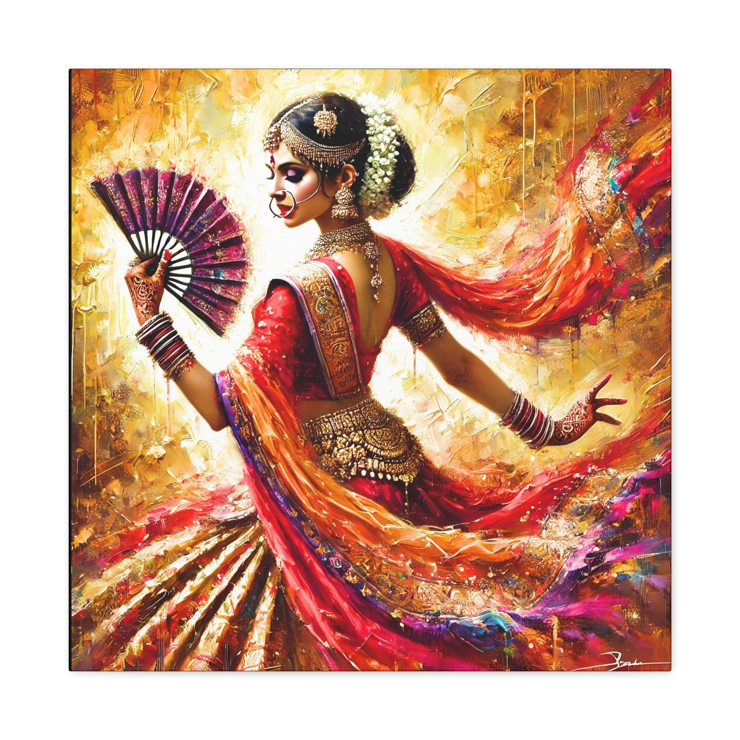 Golden Grace: Indian Dancer in Motion - Vibrant Canvas Wall Art