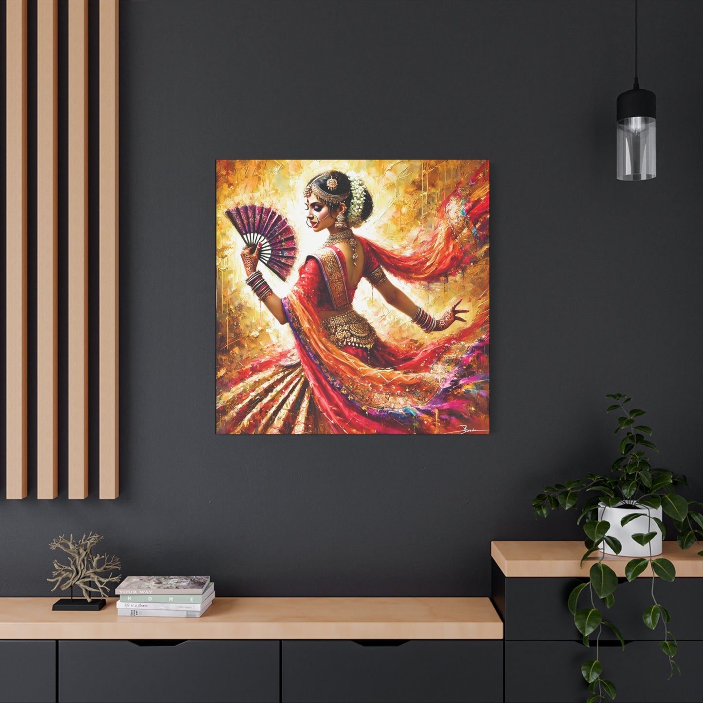 Golden Grace: Indian Dancer in Motion - Vibrant Canvas Wall Art