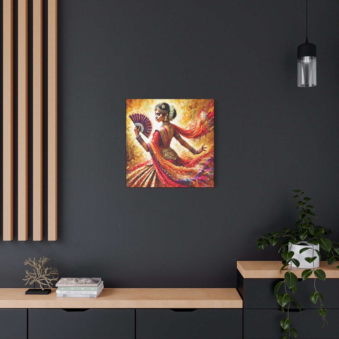 Golden Grace: Indian Dancer in Motion - Vibrant Canvas Wall Art