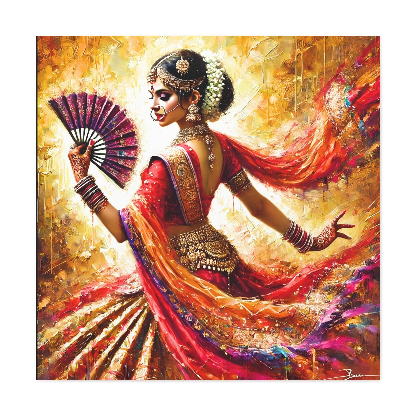 Golden Grace: Indian Dancer in Motion - Vibrant Canvas Wall Art