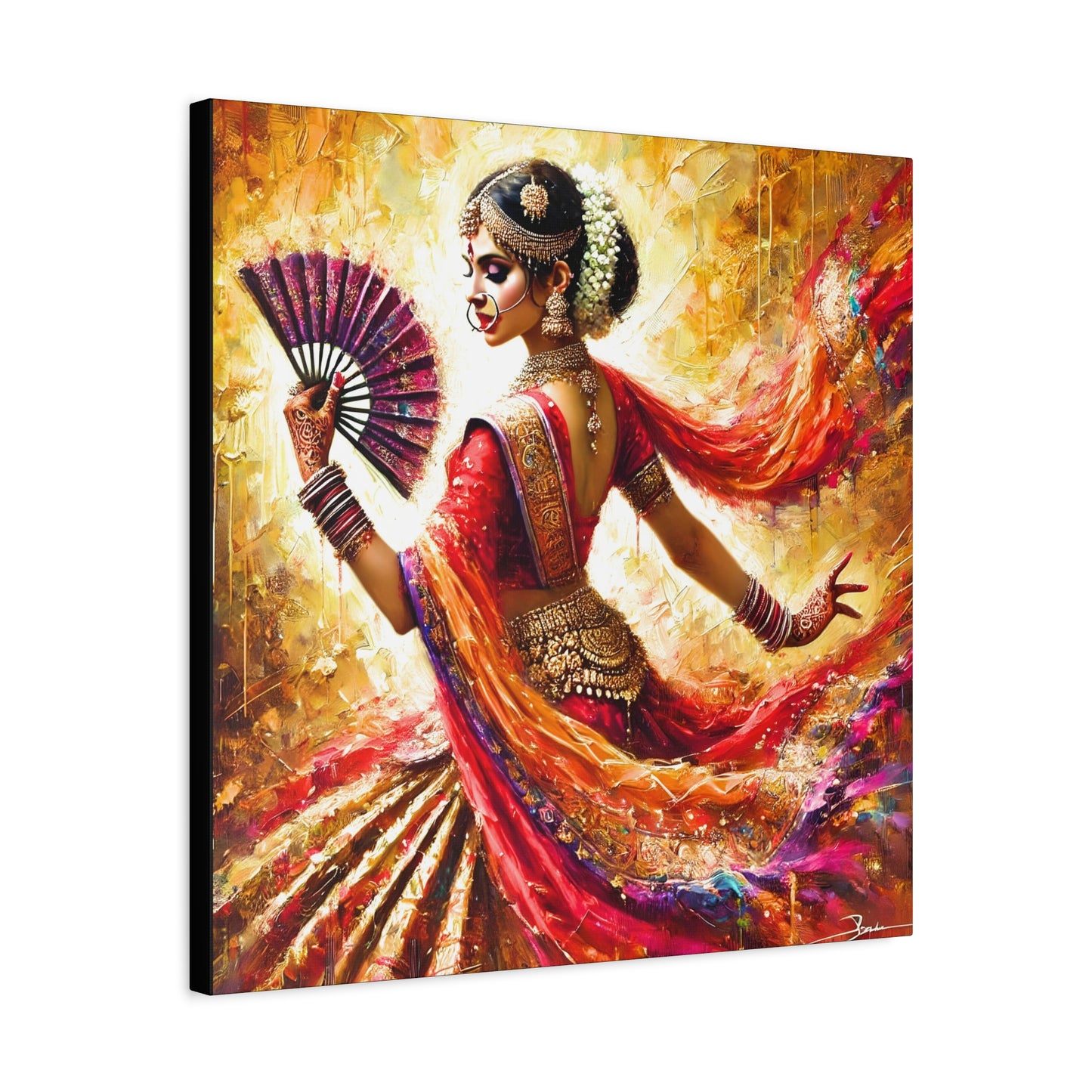 Golden Grace: Indian Dancer in Motion - Vibrant Canvas Wall Art