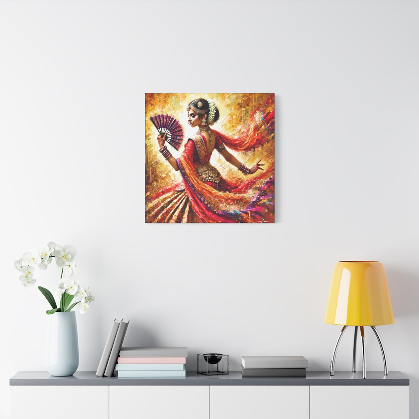 Golden Grace: Indian Dancer in Motion - Vibrant Canvas Wall Art