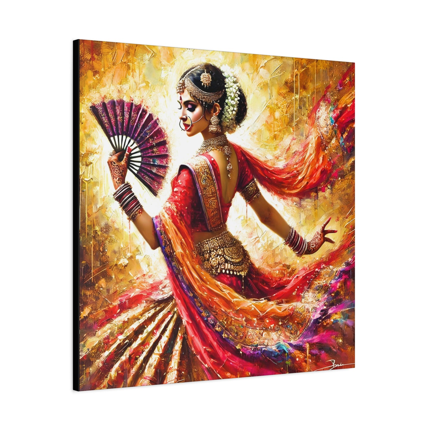 Golden Grace: Indian Dancer in Motion - Vibrant Canvas Wall Art