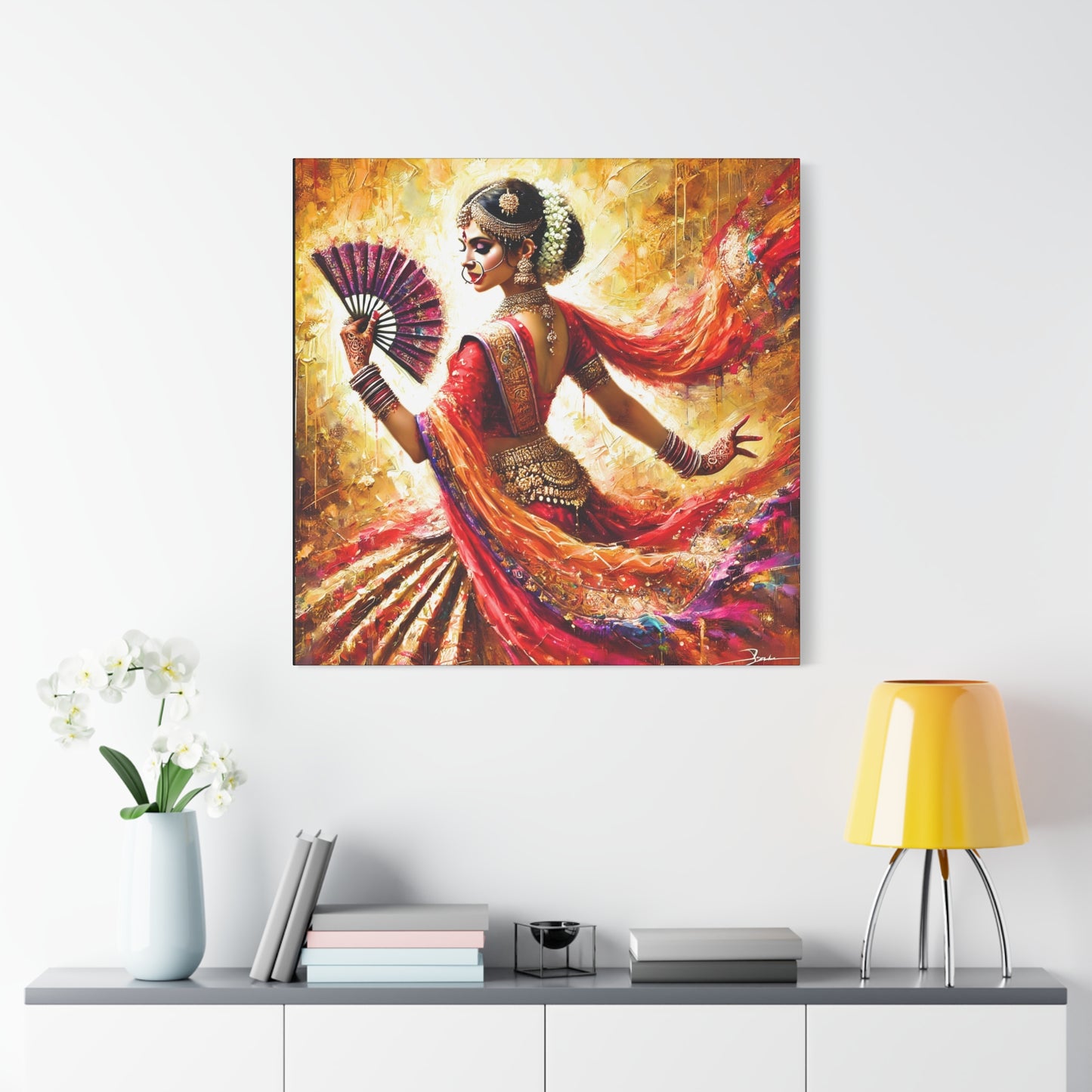 Golden Grace: Indian Dancer in Motion - Vibrant Canvas Wall Art