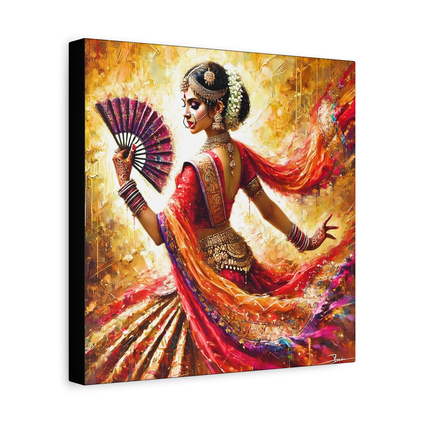 Golden Grace: Indian Dancer in Motion - Vibrant Canvas Wall Art