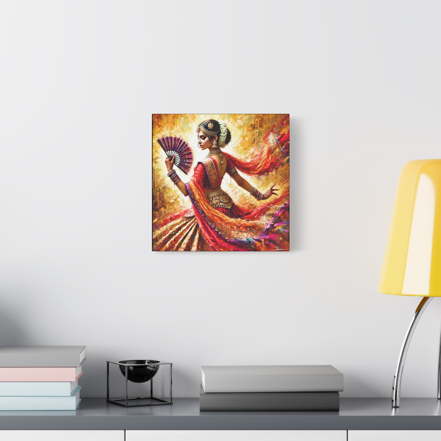 Golden Grace: Indian Dancer in Motion - Vibrant Canvas Wall Art